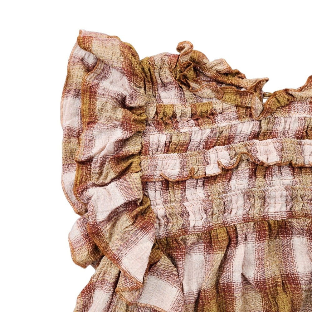 Free People Blush Plaid Smocked Ruffle Top Sz S NWT Boho Cottagecore - Picture 3 of 11
